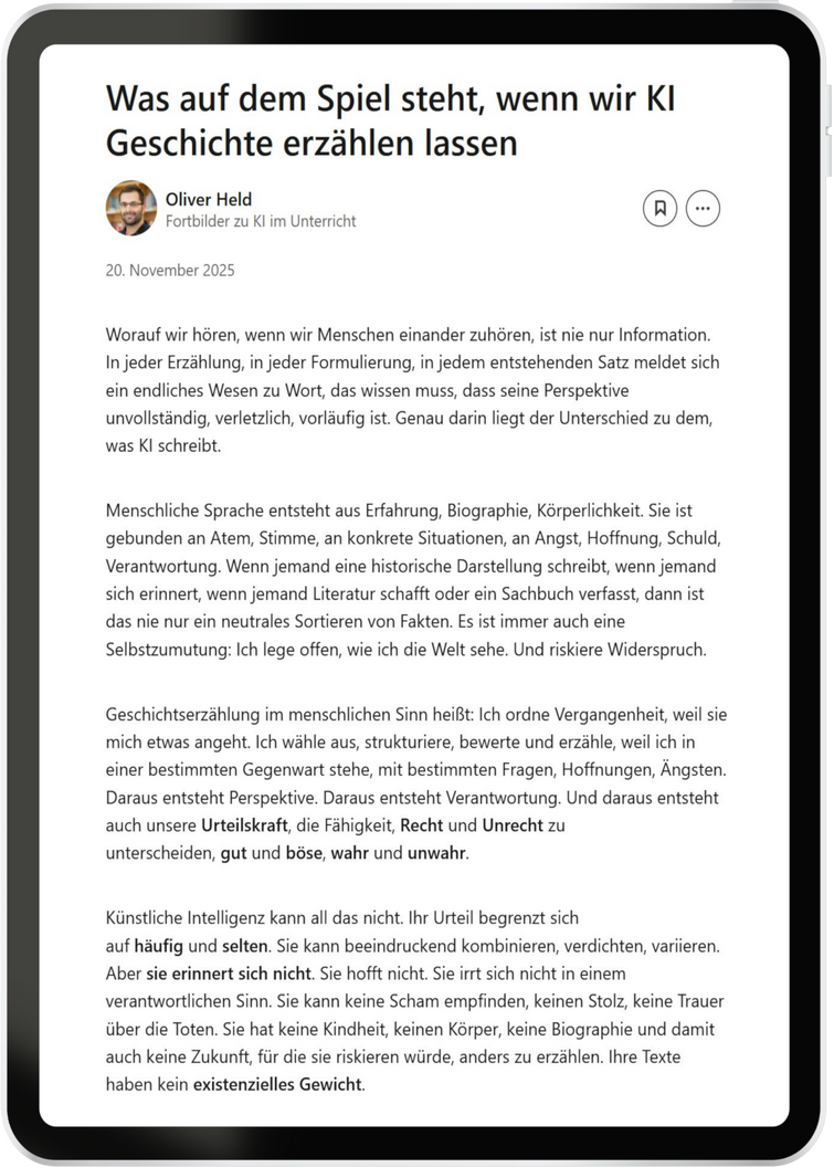 Was auf dem Spiel steht, wenn wir KI Geschichte erzählen lassen (2025/11)